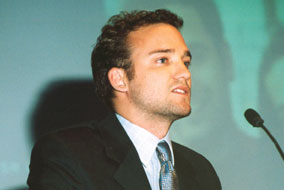 Alexandre Trudeau speaking at UBC’s annual general meeting - photo by Martin Dee