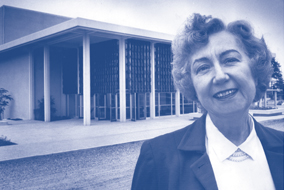 Dorothy Somerset, UBC Theatre Dept. Founder in front of the newly constructed Frederic Wood Theatre in 1958 - photo courtesy of UBC Theatre Dept.