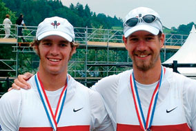 Former UBC Rowers Ben Rutledge and Kyle Hamilton celebrate a triumph as part of Team Canada