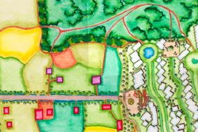 Mixed land use includes agriculture, orchard, parks, a community square and an eco-village on the hillside - illustration courtesy of Kaitlin Kazmierowski